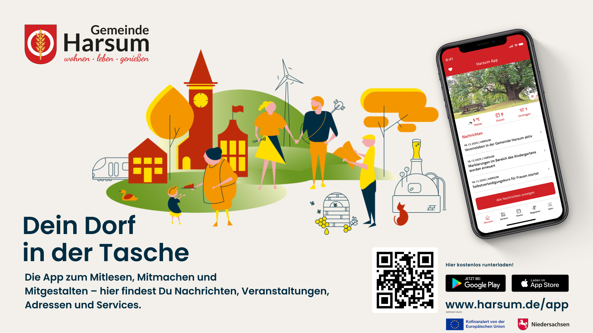 auf dem Bild die Werbung für die Harsum App zu sehen. Ein Handy, ein QR-Code und die Logos der Europäischen Union sowie des Landes Niedersachsen sind abgebildet