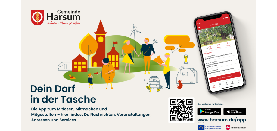 auf dem Bild die Werbung für die Harsum App zu sehen. Ein Handy, ein QR-Code und die Logos der Europäischen Union sowie des Landes Niedersachsen sind abgebildet