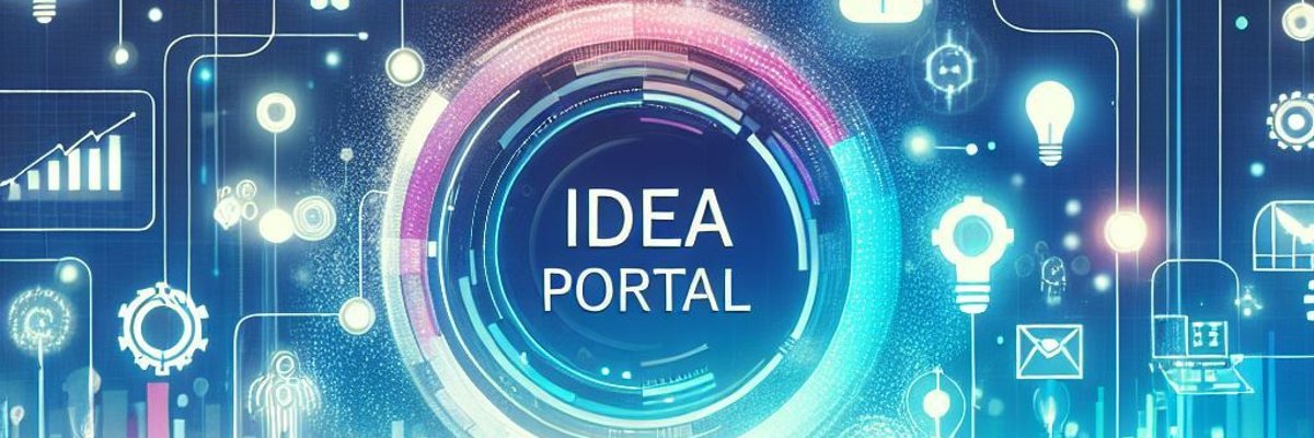 Das Bild zeigt eine Grafik mit dem Wort Idea Portal, es digitale Zeichen abgebildet und Menschen