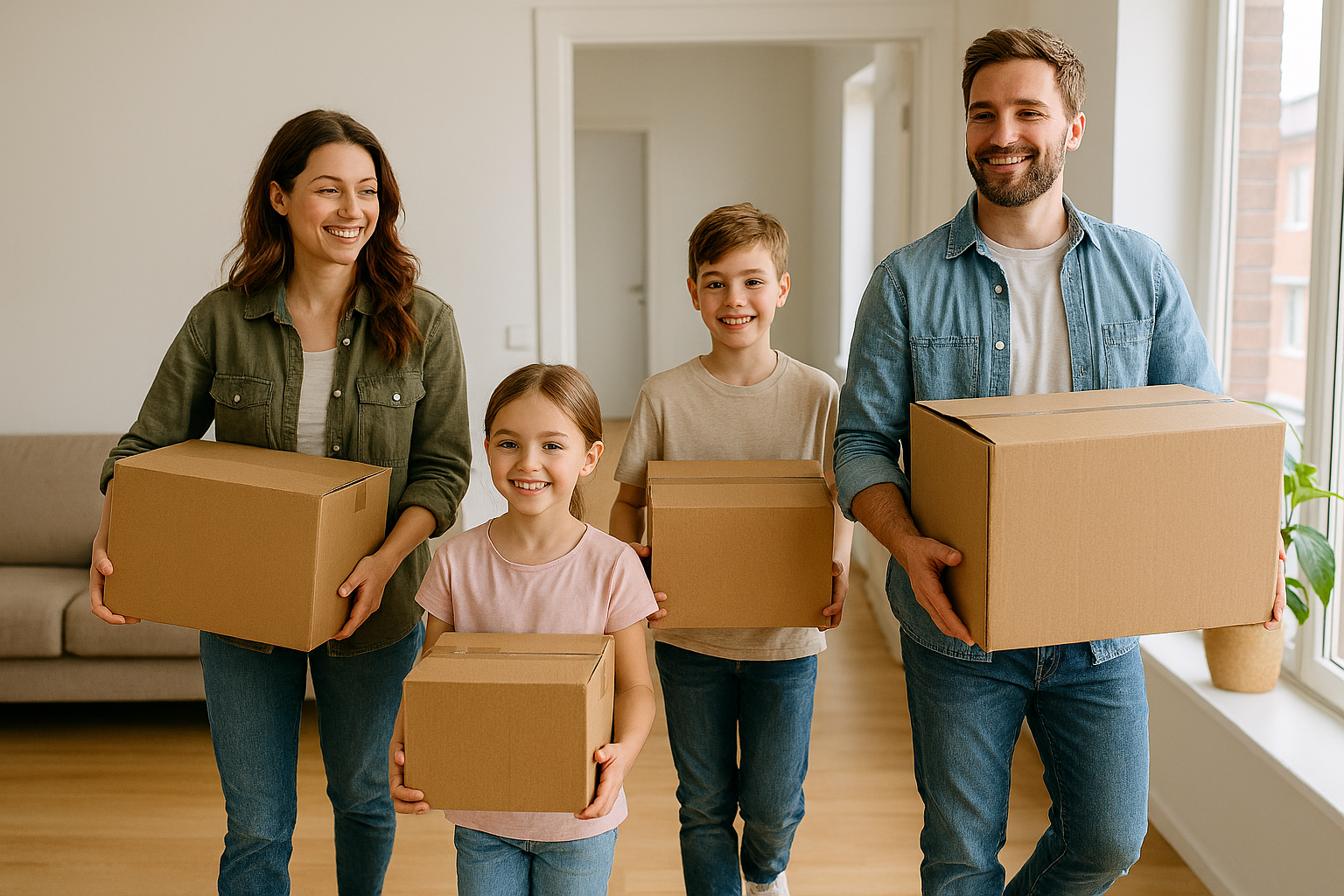 Auf dem Foto ist eine Familie Mutter, Vater, Tochter, Sohn mit Kartons zu sehen