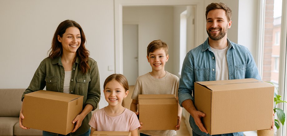 Auf dem Foto ist eine Familie Mutter, Vater, Tochter, Sohn mit Kartons zu sehen
