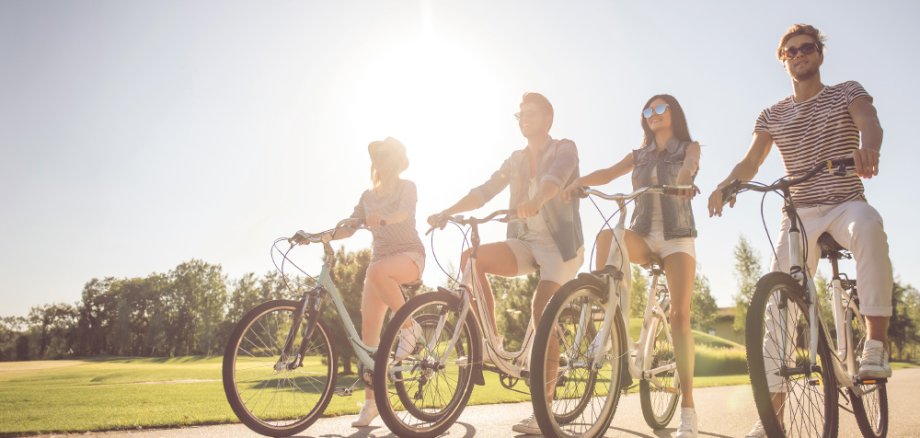 Auf dem Bild ist ein Radfahrer mit Helm und Radtrikot zu sehen