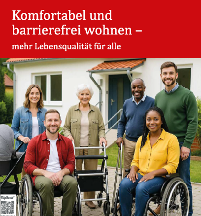 Auf dem Foto ist eine Gruppe von Menschen zu sehen. Im Rollstuhl, mit Rollator, Kinderwagen und Stützen