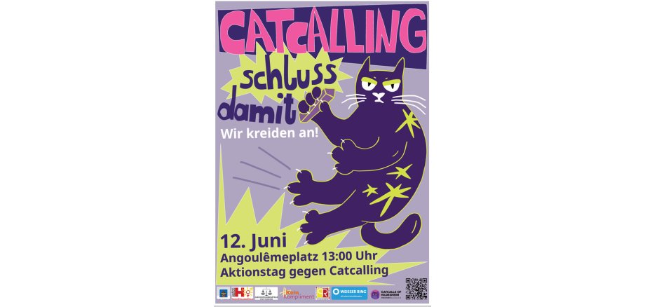 Das Bild zeigt ein Plakat für die Veranstaltung am 12.06.26. Darauf ist eine Katze zu sehen, die "Catcalling , Schluss damit. Wir kreiden an" sagt.