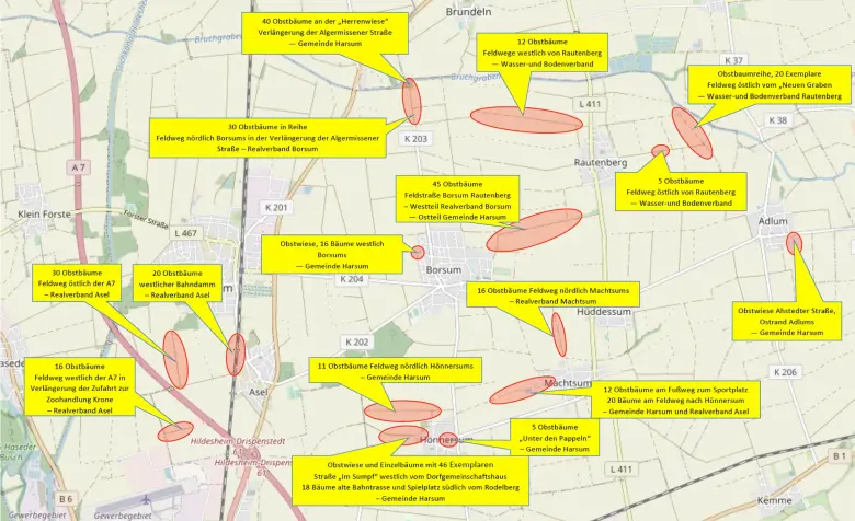 Die Landkarte zeigt die Standorte der Obstbäume