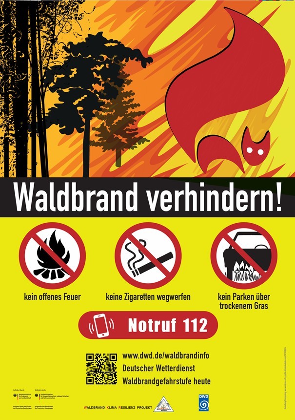 Auf dem Bild ist ein Plakat zu sehen mit der Aufschrift "Waldbrand verhindern" und Verbotsschilder, die beschreiben: Kein offenes Feuer, keine Zigaretten wegwerfen, kein Parken über trockenem Gras. Außerdem ist ein brennender Wald zu sehen, aus dem ein Fuchs flüchtet.