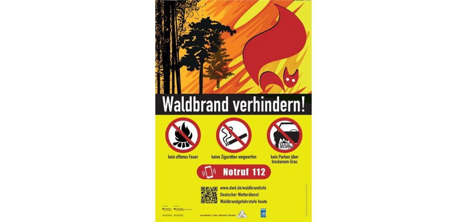 Auf dem Bild ist ein Plakat zu sehen mit der Aufschrift "Waldbrand verhindern" und Verbotsschilder, die beschreiben: Kein offenes Feuer, keine Zigaretten wegwerfen, kein Parken über trockenem Gras. Außerdem ist ein brennender Wald zu sehen, aus dem ein Fuchs flüchtet.