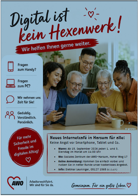 Auf dem Bild ist eine Werbung für das AWO INternetcafe vorhanden