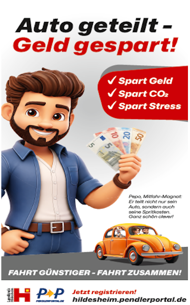 Auf dem Bild ist Flyer zu sehen mit einem gezeichneten Mann und einem Auto und INformationen zum Portal