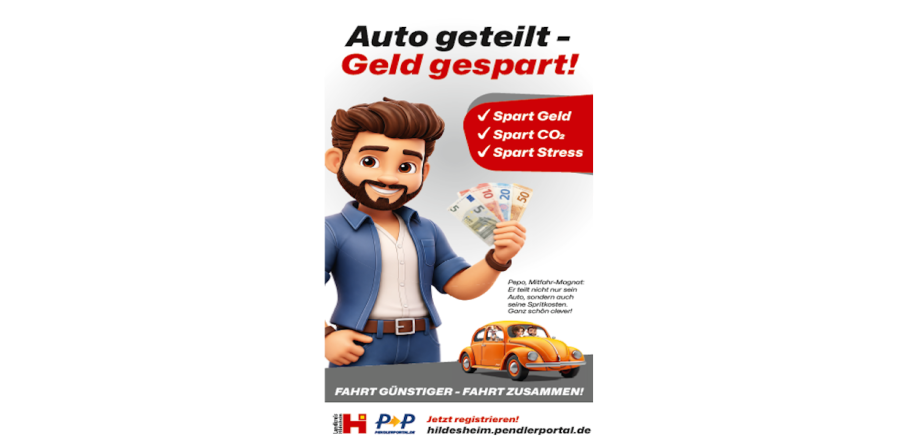 Auf dem Bild ist Flyer zu sehen mit einem gezeichneten Mann und einem Auto und INformationen zum Portal