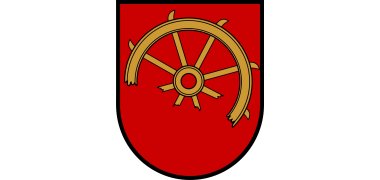 Das Wappen von Asel ist rot. im oberen Teil ist ein gebrochenes Holzrad zu sehen