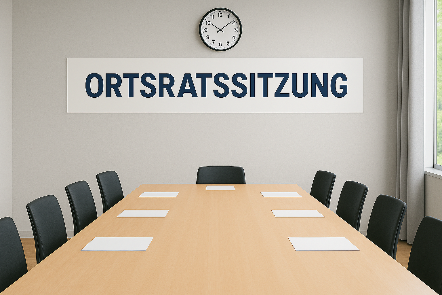 Auf dem Bild ist ein Raum mit einem großen Konferenztisch und Stühle zu sehen