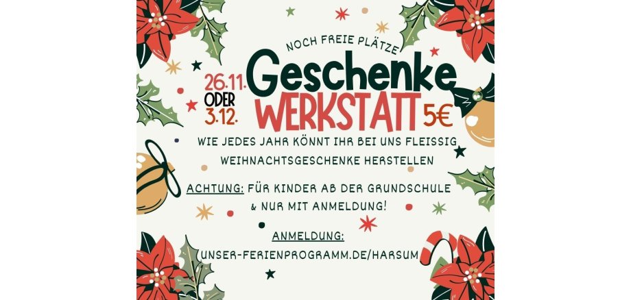 Flyer zur Geschenkewerkstatt der Jugendpflege Harsum am 26.11. oder 03.12. für 5 €. 