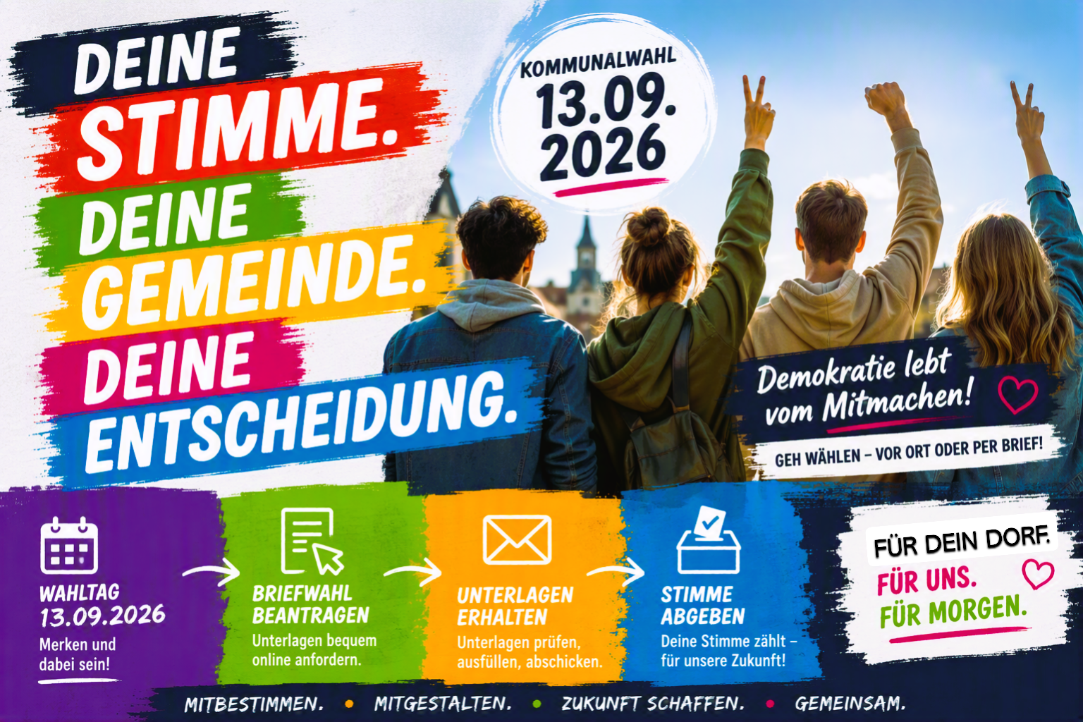 auf der Grafik sind junge Leute von hinten zu sehen. Es handelt sich um eine Motivation zur Wahl zu gehen. Deine Stimme, Deine Gemeinde, Deine Entscheidung. Kommunalwahl am 13.09.2026. Für dein Dorf, Für uns, für morgen