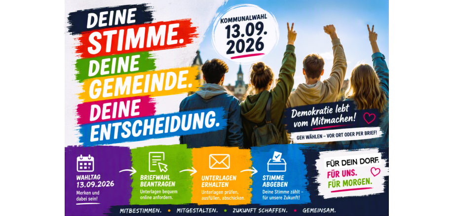 auf der Grafik sind junge Leute von hinten zu sehen. Es handelt sich um eine Motivation zur Wahl zu gehen. Deine Stimme, Deine Gemeinde, Deine Entscheidung. Kommunalwahl am 13.09.2026. Für dein Dorf, Für uns, für morgen