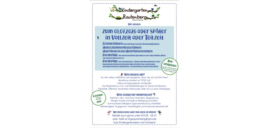 Hier ist die Stellenausschreibung des Kindergarten Rautenberg abgebildet