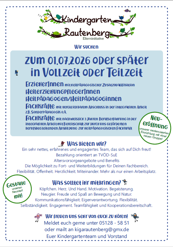 Hier ist die Stellenausschreibung des Kindergarten Rautenberg abgebildet 